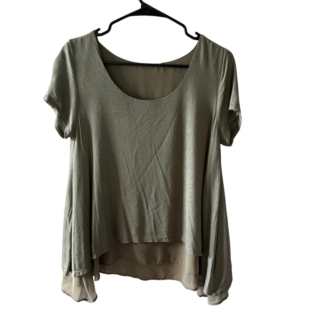 RDG Global Olive Green Layered Short Sleeve Knit Top Chiffon Hem 1K13409K Womens